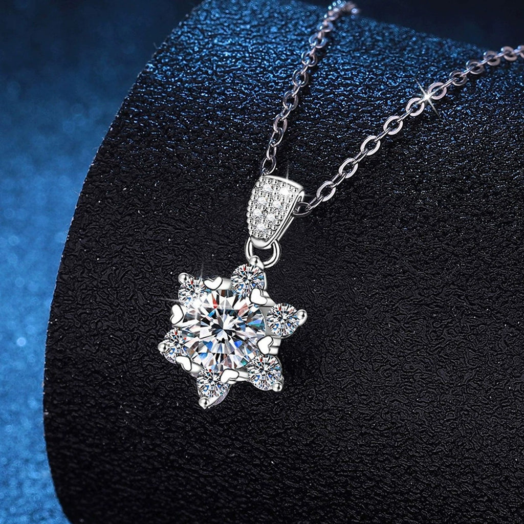Floral Star Halo Moissanite Pendant Necklace in Platinum-Plated S925 Sterling Silver dark background product display view