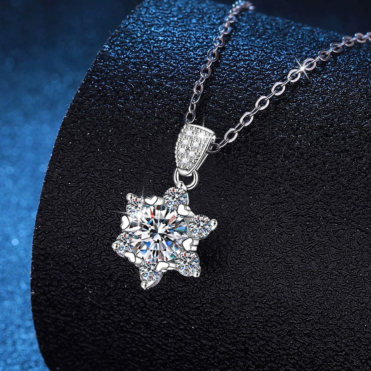 Floral Star Halo Moissanite Pendant Necklace in Platinum-Plated S925 Sterling Silver dark background product display view