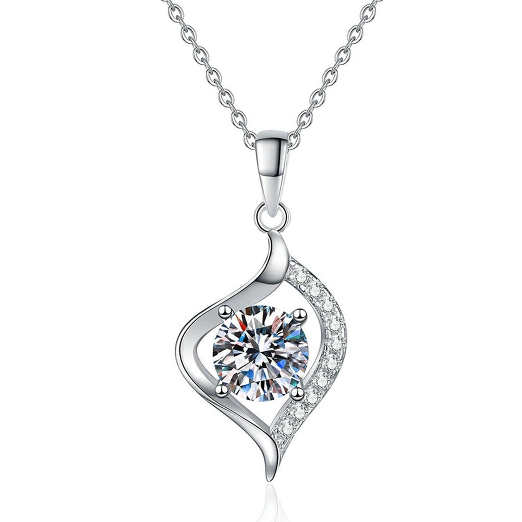 Twist Leaf Moissanite Pendant Necklace in Platinum-Plated S925 Sterling Silver on clean white background