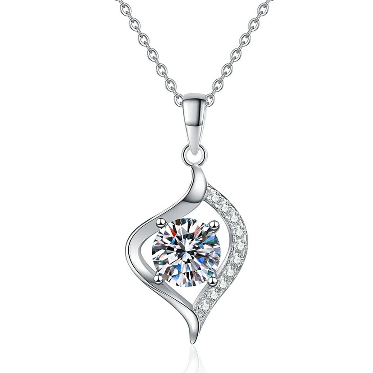 Twist Leaf Moissanite Pendant Necklace in Platinum-Plated S925 Sterling Silver on clean white background