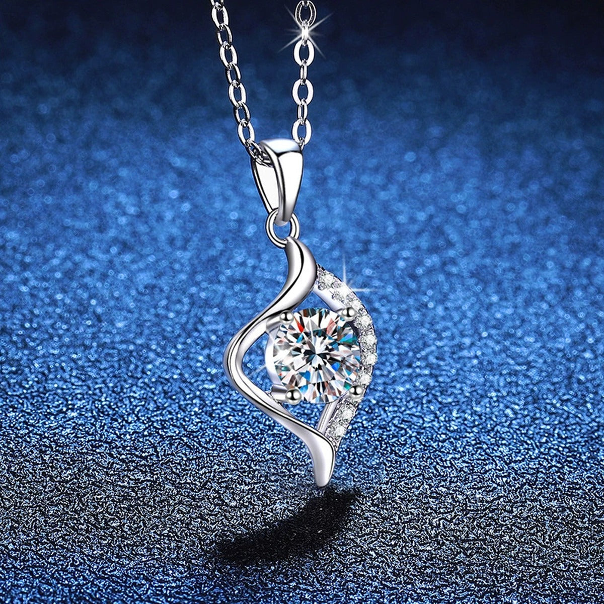 Twist Leaf Moissanite Pendant Necklace in Platinum-Plated S925 Sterling Silver blue background product view