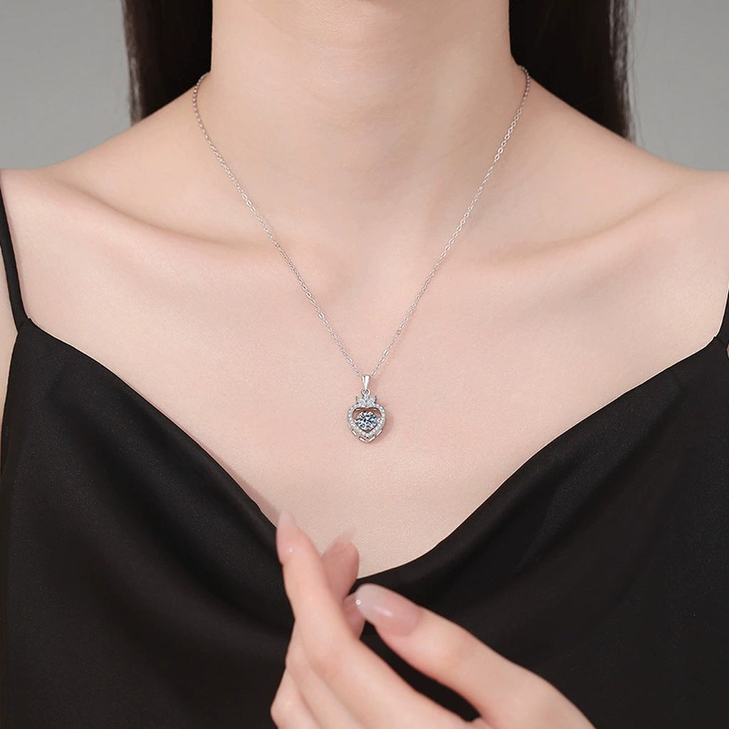 Heart Halo Moissanite Pendant Necklace in Platinum-Plated S925 Sterling Silver worn on neckline by model
