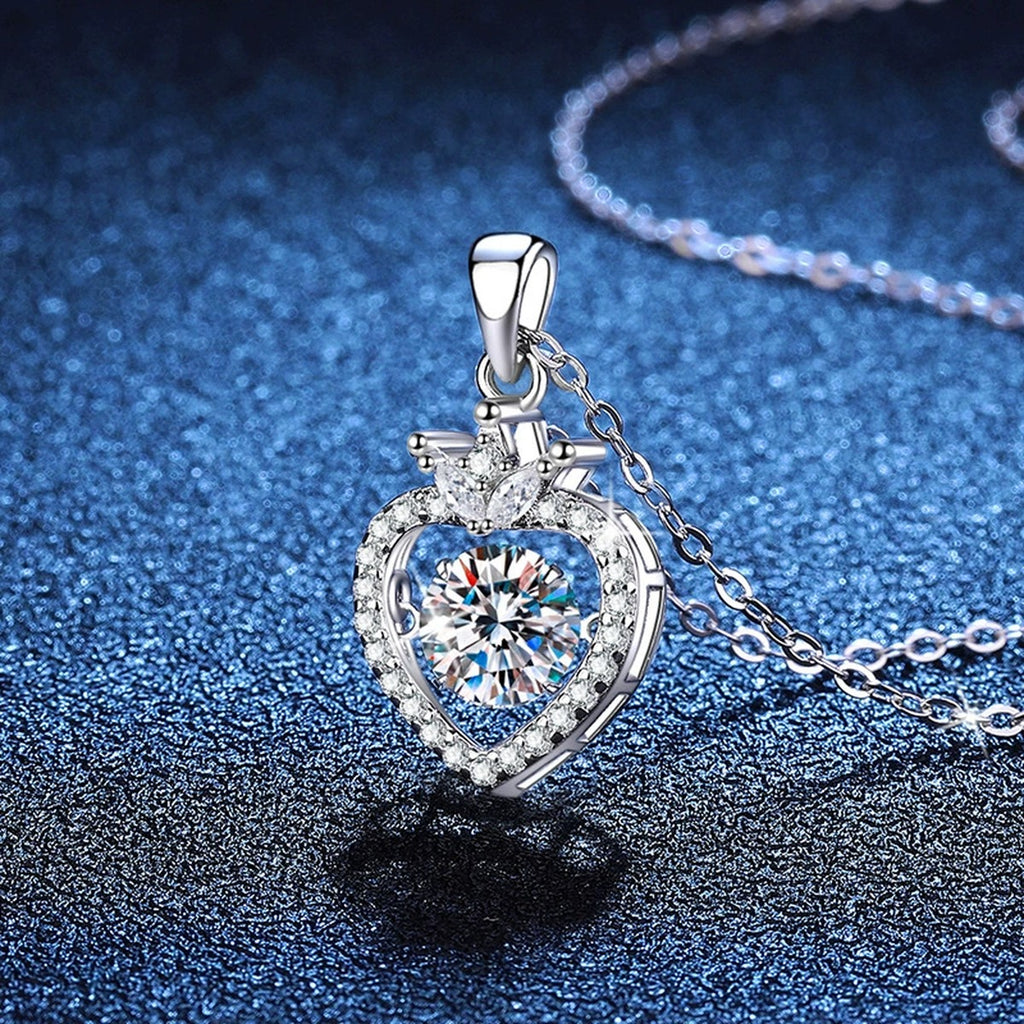 Heart Halo Moissanite Pendant Necklace in Platinum-Plated S925 Sterling Silver blue background angled view