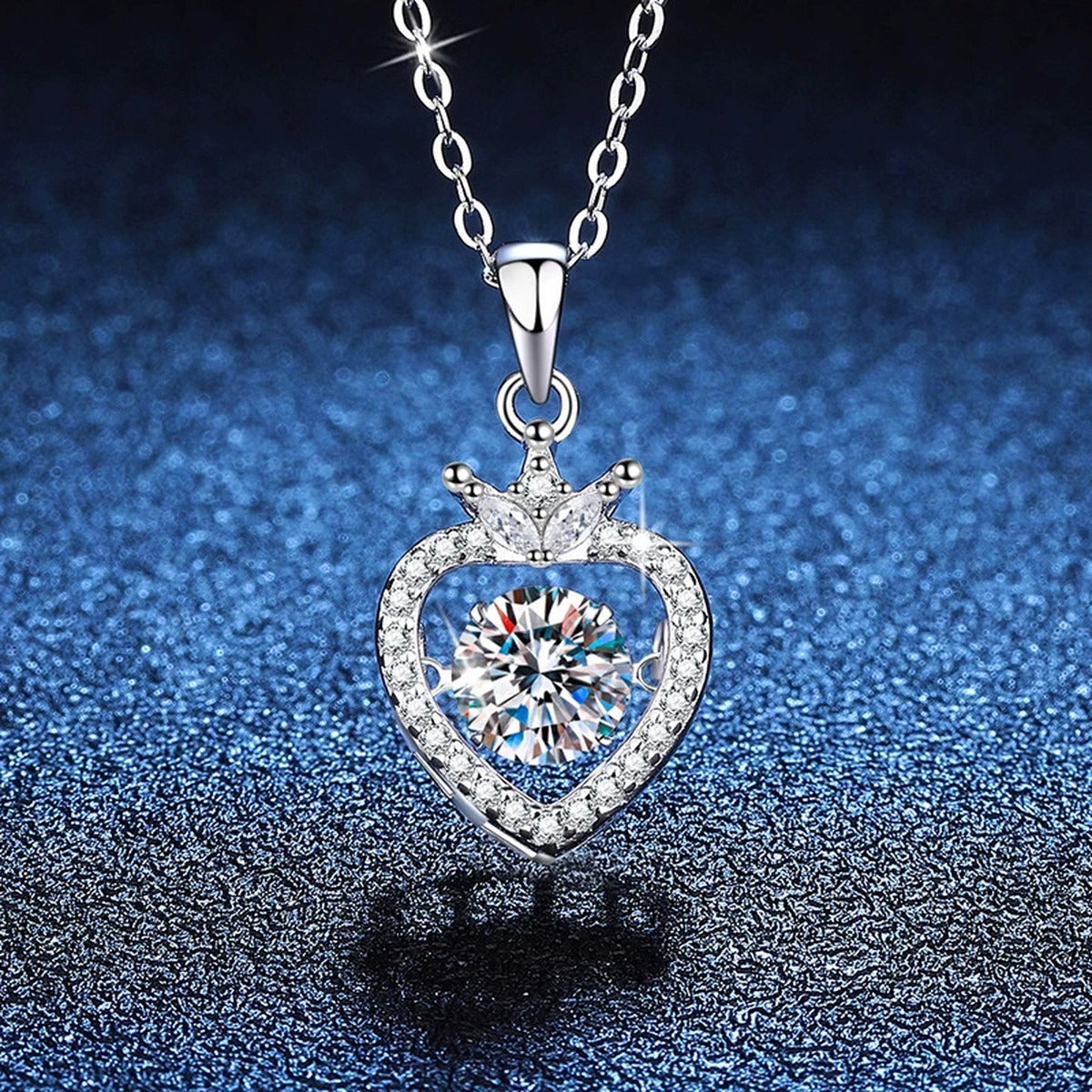 Heart Halo Moissanite Pendant Necklace in Platinum-Plated S925 Sterling Silver blue background close-up view