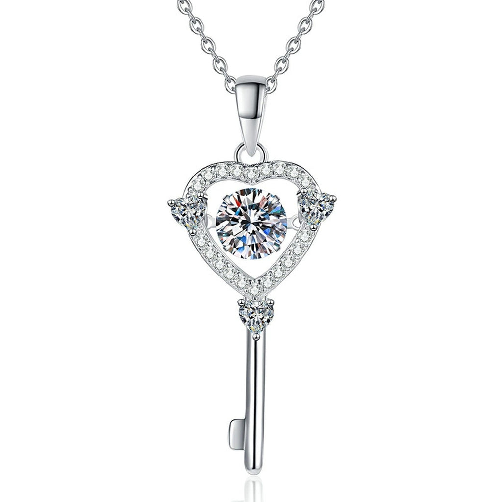 Heart Key Moissanite Pendant Necklace in Platinum-Plated S925 Sterling Silver on clean white background