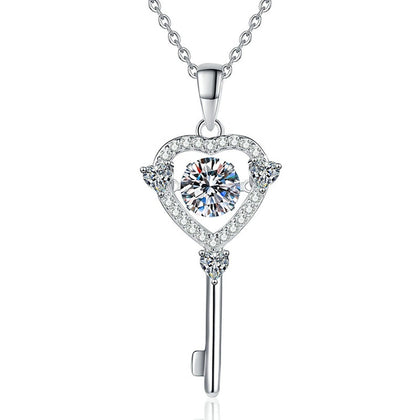 Heart Key Moissanite Pendant Necklace in Platinum-Plated S925 Sterling Silver on clean white background
