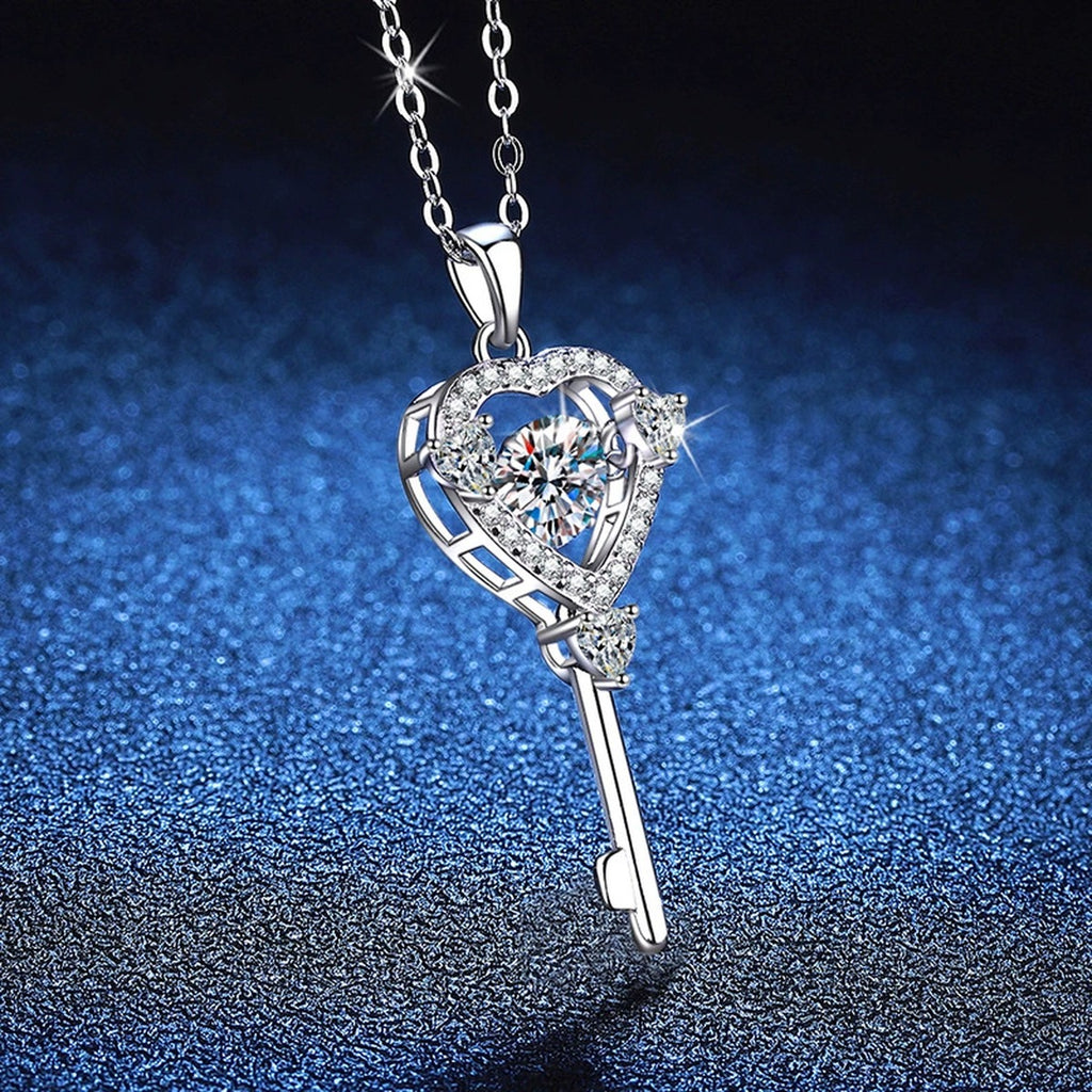Heart Key Moissanite Pendant Necklace in Platinum-Plated S925 Sterling Silver blue background product view