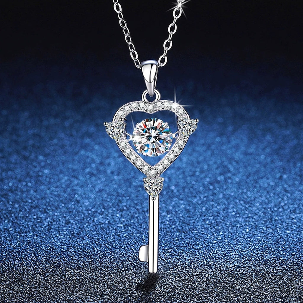 Heart Key Moissanite Pendant Necklace in Platinum-Plated S925 Sterling Silver blue background angled view