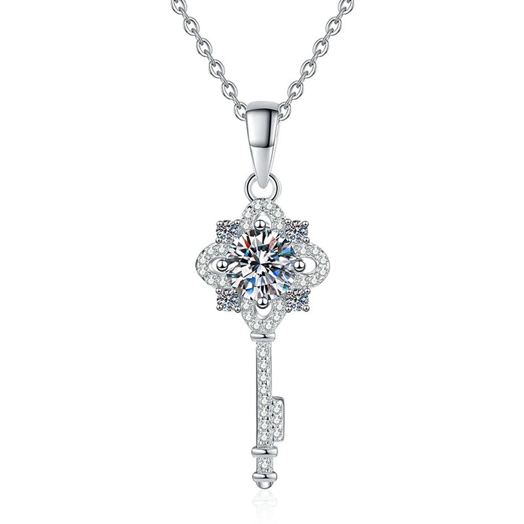 Cross Key Moissanite Pendant Necklace in Platinum-Plated S925 Sterling Silver on clean white background