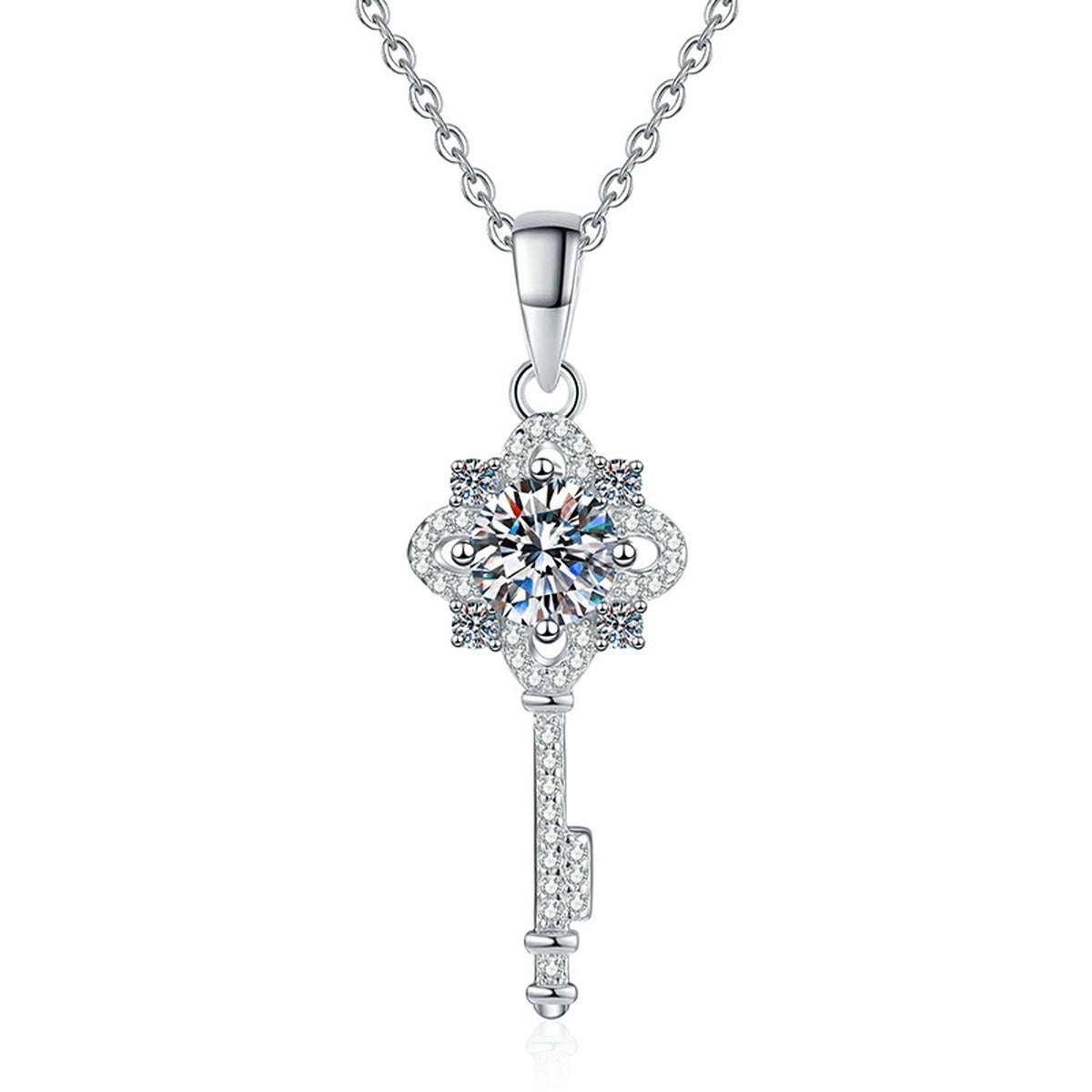 Cross Key Moissanite Pendant Necklace in Platinum-Plated S925 Sterling Silver on clean white background