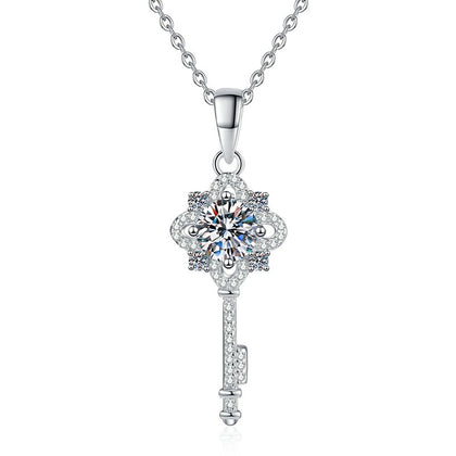 Cross Key Moissanite Pendant Necklace in Platinum-Plated S925 Sterling Silver on clean white background