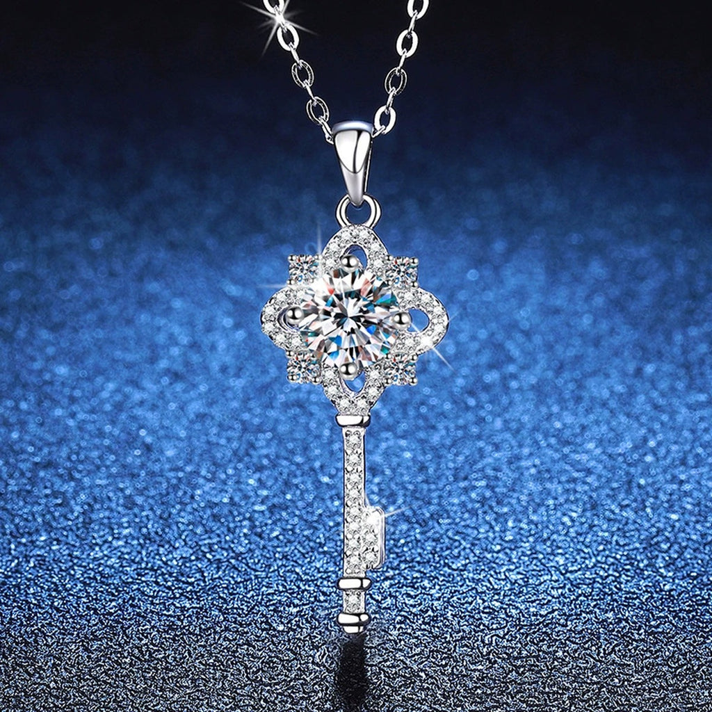 Cross Key Moissanite Pendant Necklace in Platinum-Plated S925 Sterling Silver blue background product view
