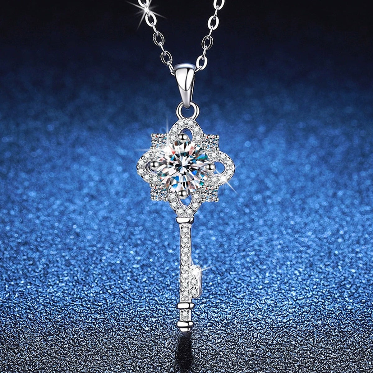 Cross Key Moissanite Pendant Necklace in Platinum-Plated S925 Sterling Silver blue background product view