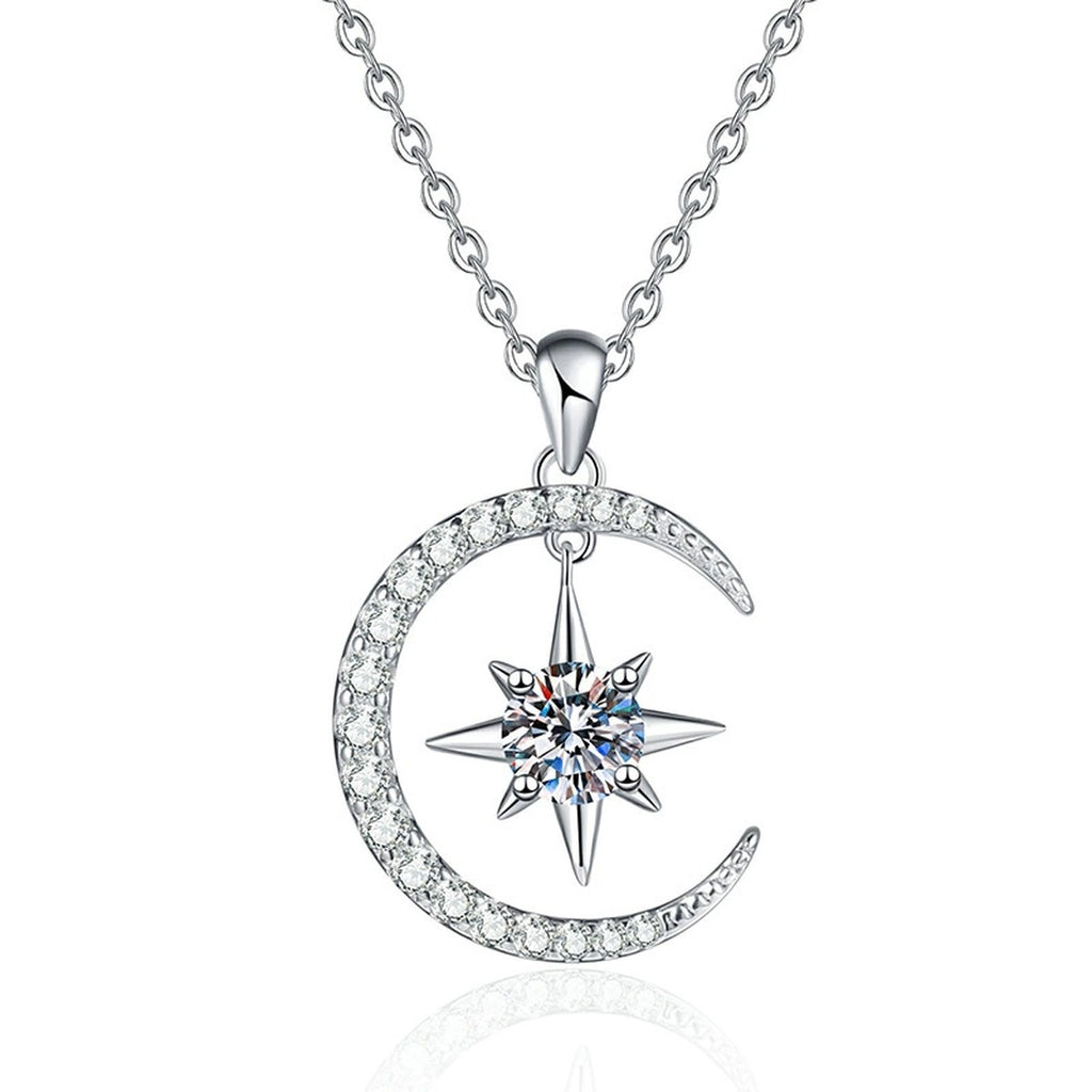 Crescent Moon Star Moissanite Pendant Necklace in Platinum-Plated S925 Sterling Silver on clean white background