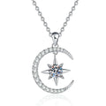 Crescent Moon Star Moissanite Pendant Necklace in Platinum-Plated S925 Sterling Silver on clean white background