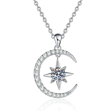 Crescent Moon Star Moissanite Pendant Necklace in Platinum-Plated S925 Sterling Silver on clean white background