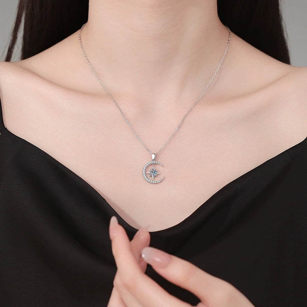 Crescent Moon Star Moissanite Pendant Necklace in Platinum-Plated S925 Sterling Silver worn on neckline by model