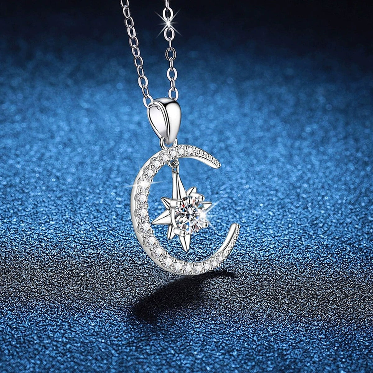 Crescent Moon Star Moissanite Pendant Necklace in Platinum-Plated S925 Sterling Silver blue background product view