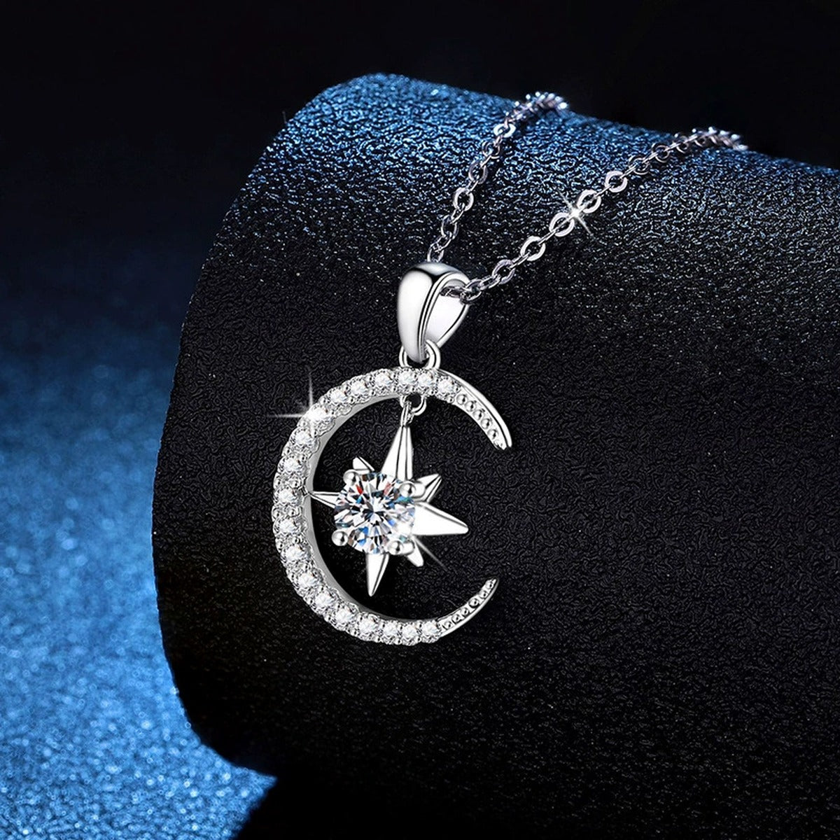 Crescent Moon Star Moissanite Pendant Necklace in Platinum-Plated S925 Sterling Silver dark background product display view
