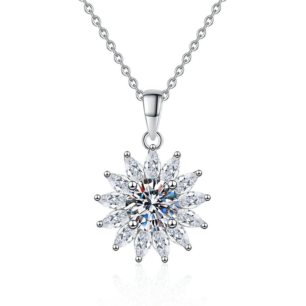 Starburst Moissanite Pendant Necklace in Platinum-Plated S925 Sterling Silver on clean white background
