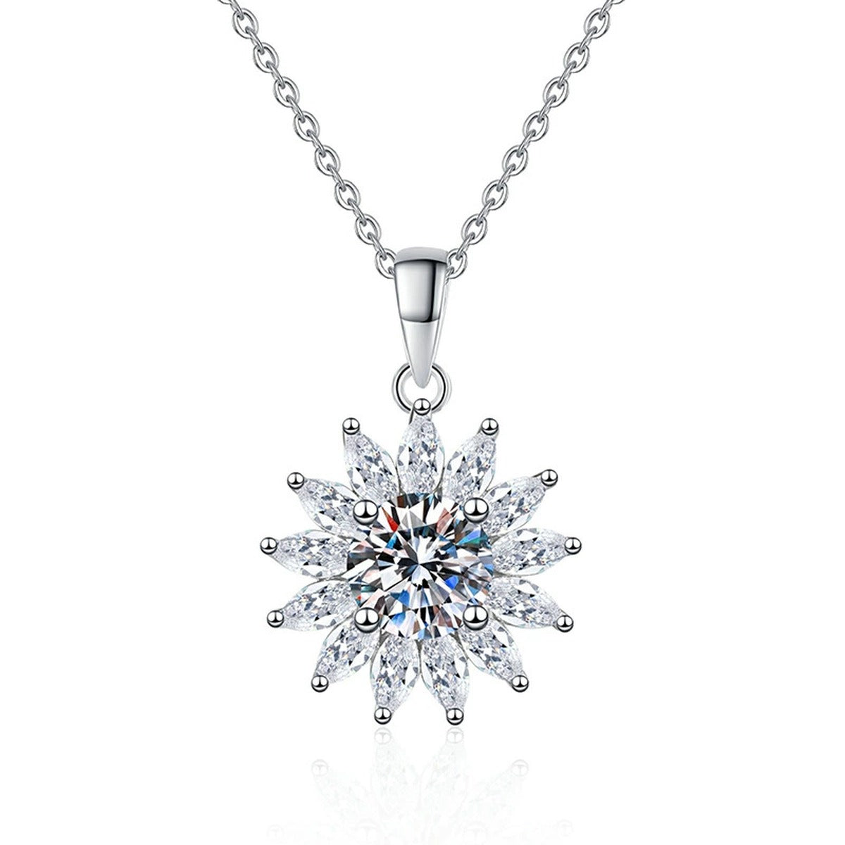 Starburst Moissanite Pendant Necklace in Platinum-Plated S925 Sterling Silver on clean white background