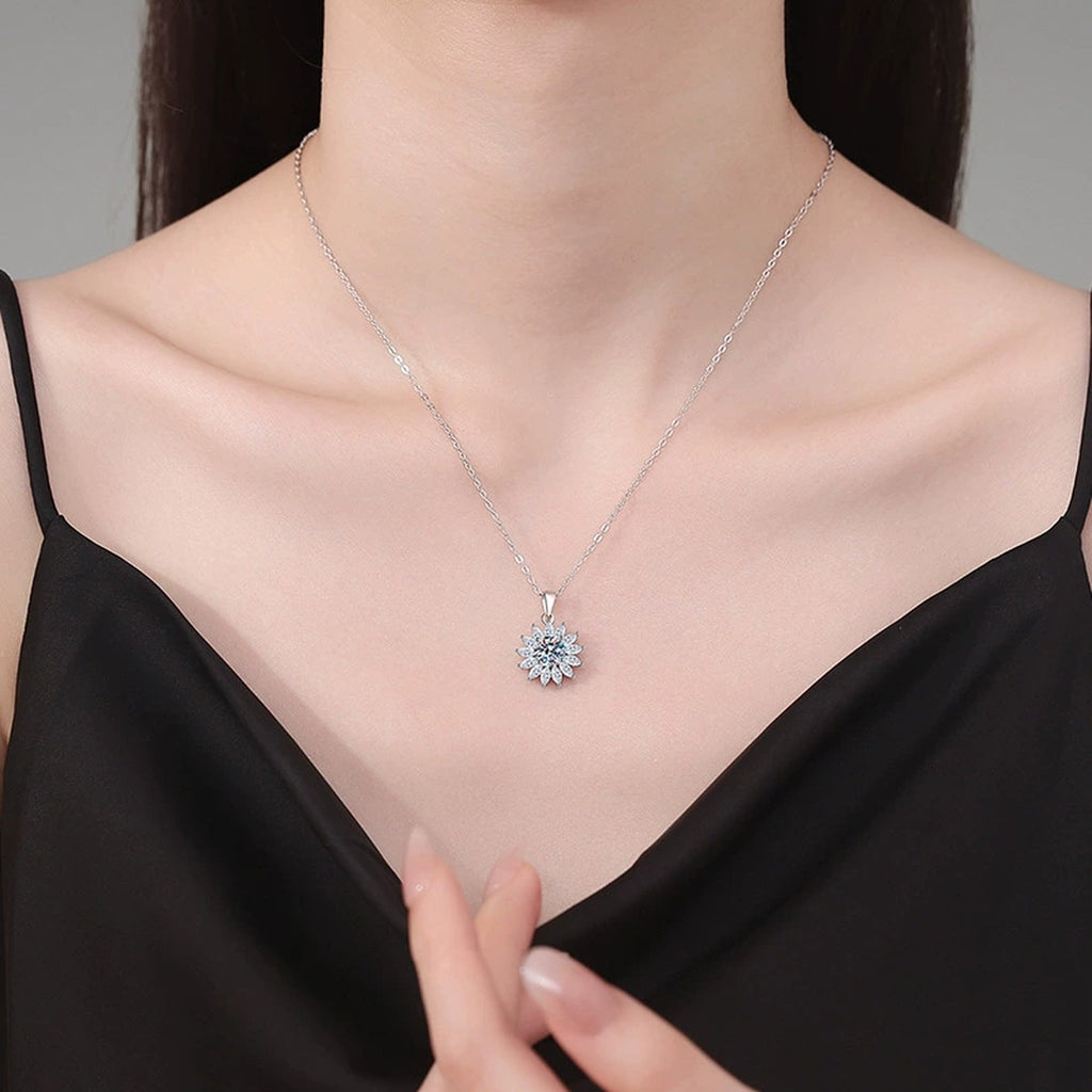 Starburst Moissanite Pendant Necklace in Platinum-Plated S925 Sterling Silver worn on neckline by model