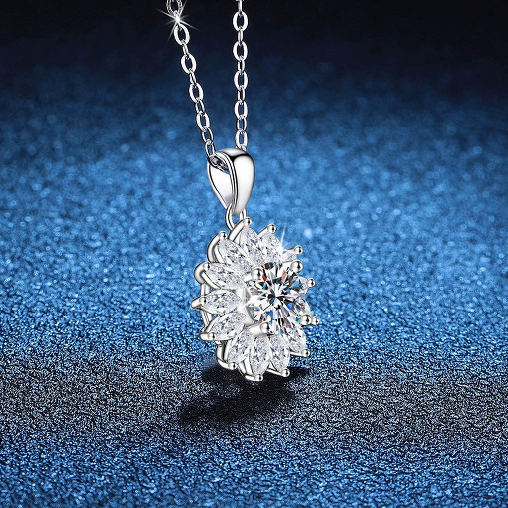 Starburst Moissanite Pendant Necklace in Platinum-Plated S925 Sterling Silver blue background product view