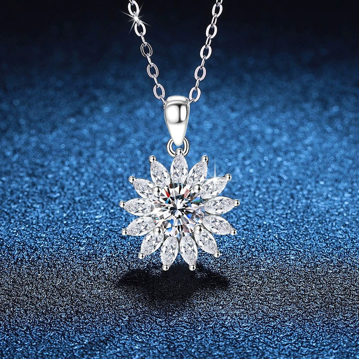 Starburst Moissanite Pendant Necklace in Platinum-Plated S925 Sterling Silver blue background close-up view