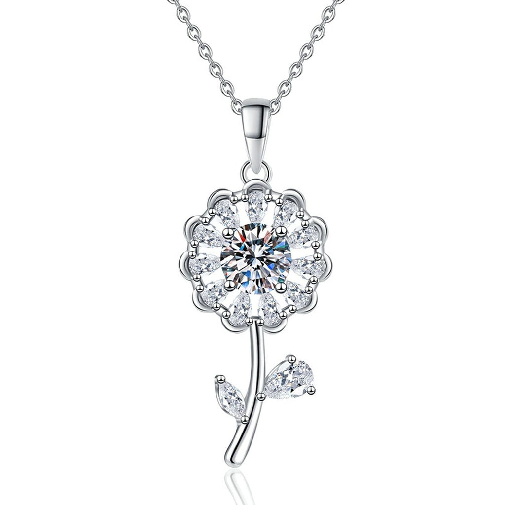 Floral Stem Moissanite Pendant Necklace in Platinum-Plated S925 Sterling Silver on clean white background