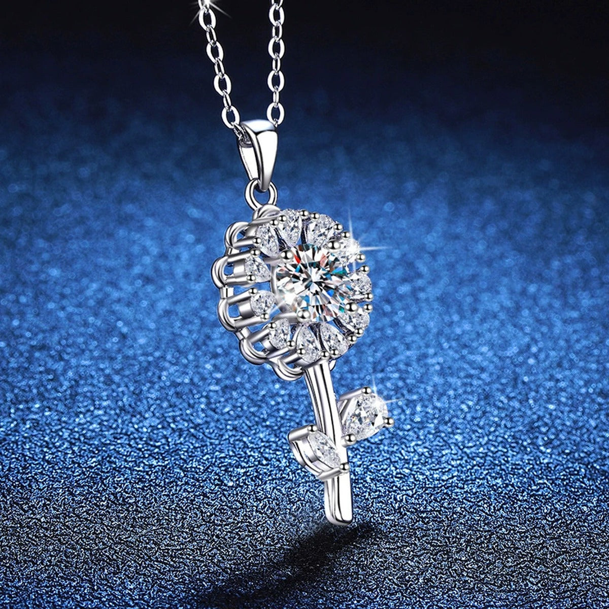 Floral Stem Moissanite Pendant Necklace in Platinum-Plated S925 Sterling Silver blue background product view