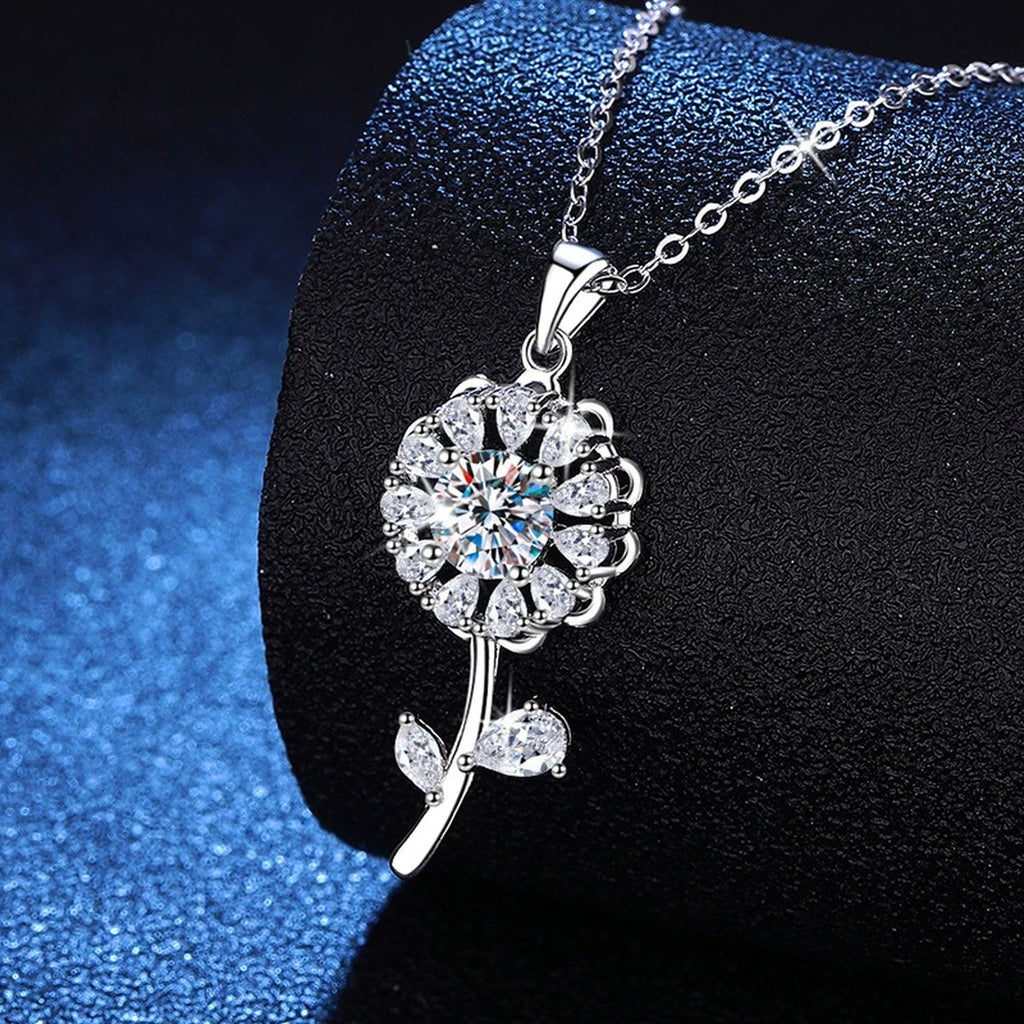 Floral Stem Moissanite Pendant Necklace in Platinum-Plated S925 Sterling Silver blue background close-up view