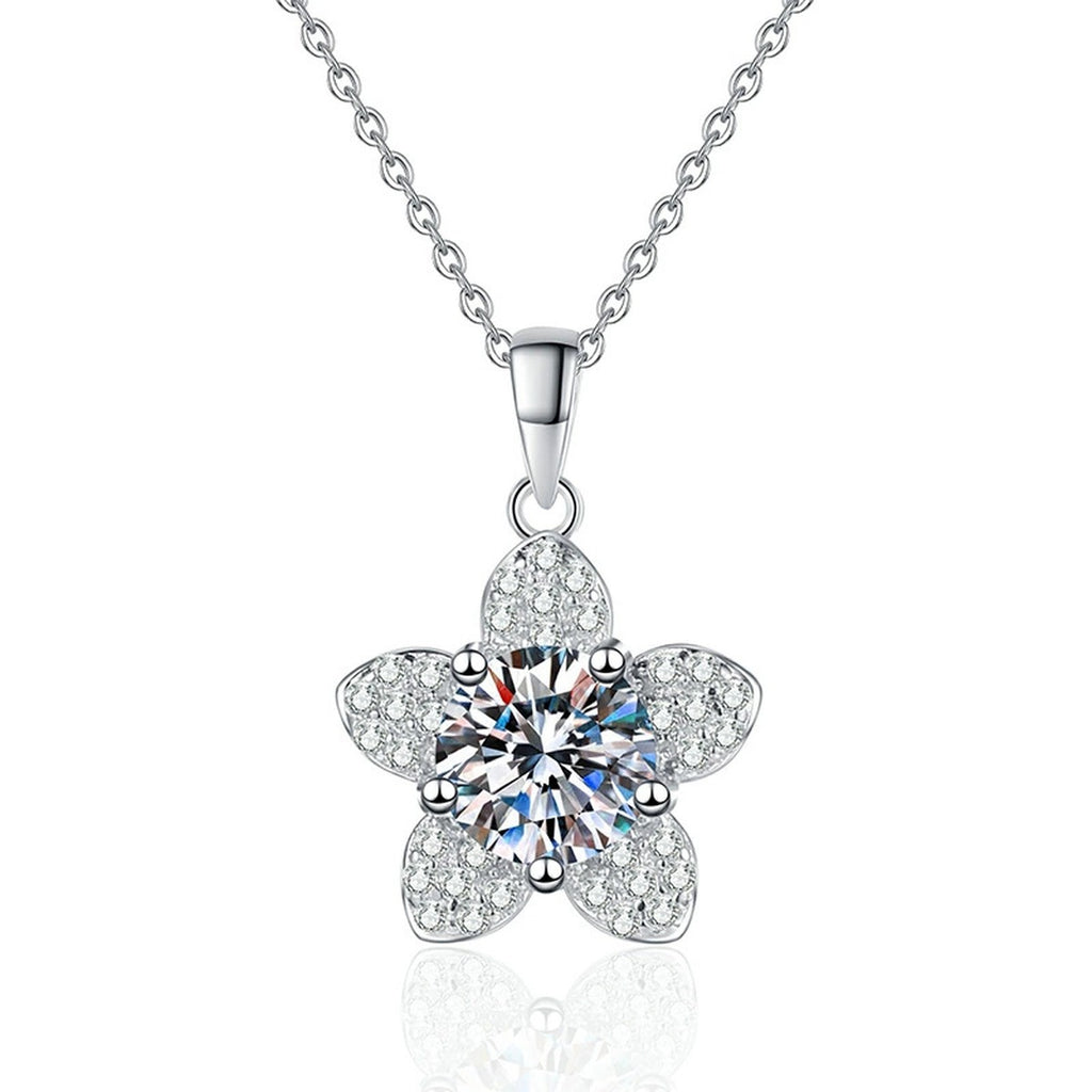 Five-Petal Flower Moissanite Pendant Necklace in Platinum-Plated S925 Sterling Silver on clean white background