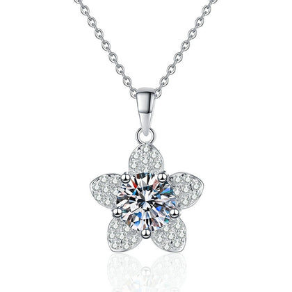 Five-Petal Flower Moissanite Pendant Necklace in Platinum-Plated S925 Sterling Silver on clean white background