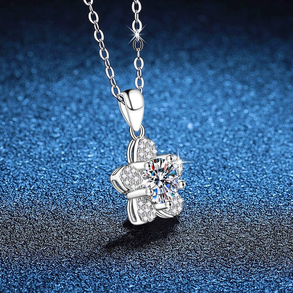 Five-Petal Flower Moissanite Pendant Necklace in Platinum-Plated S925 Sterling Silver blue background product view