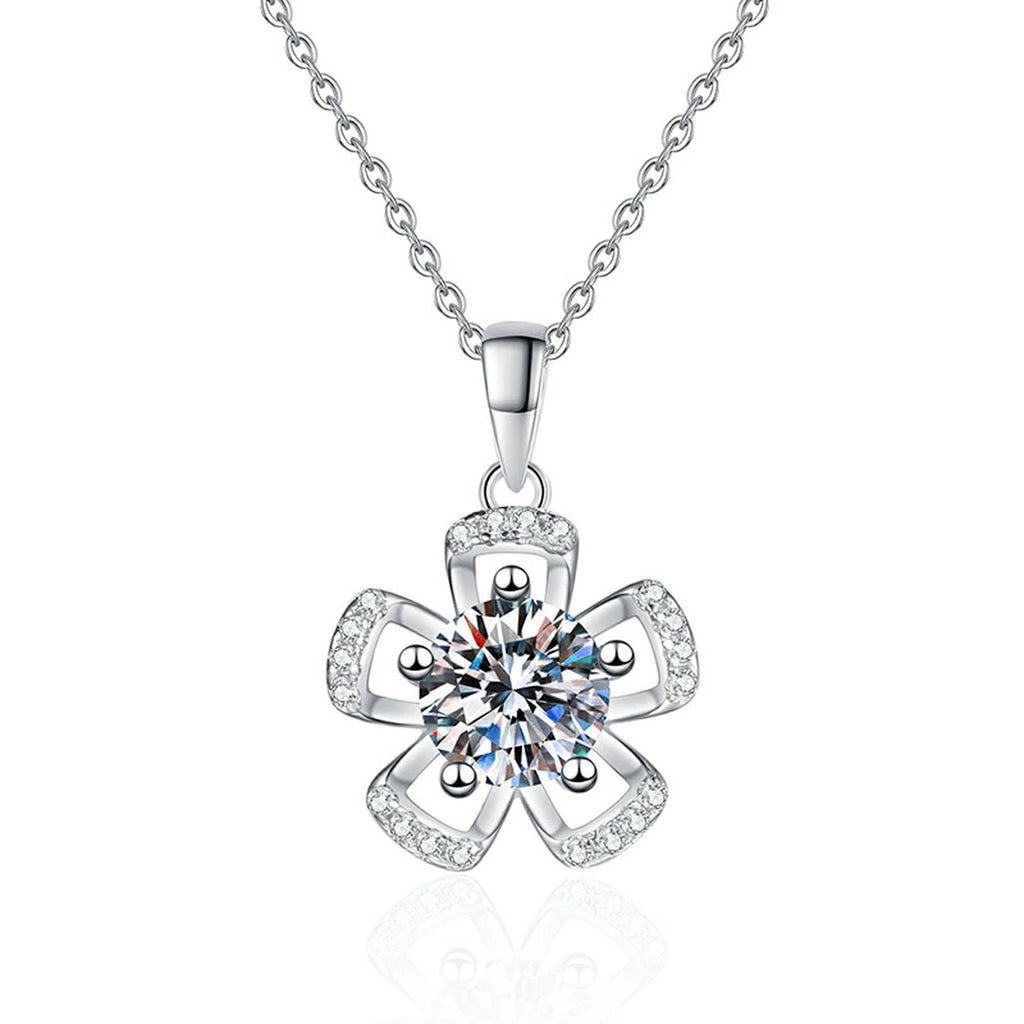 Bow Flower Moissanite Pendant Necklace in Platinum-Plated S925 Sterling Silver on clean white background