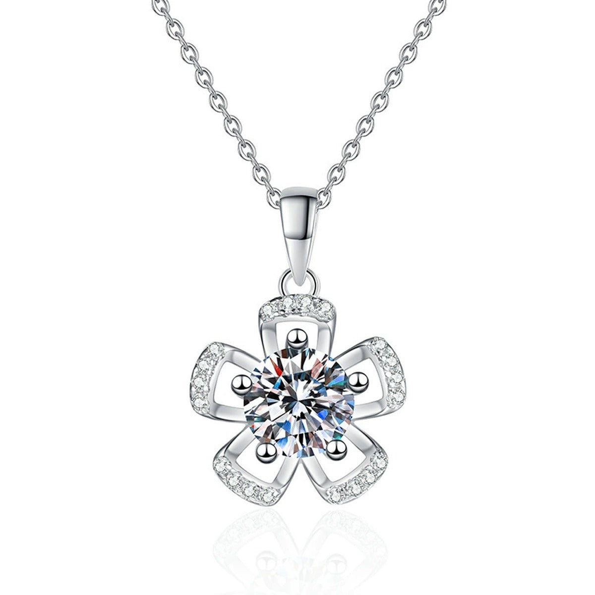 Bow Flower Moissanite Pendant Necklace in Platinum-Plated S925 Sterling Silver on clean white background