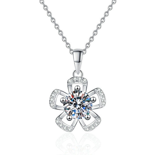 Bow Flower Moissanite Pendant Necklace in Platinum-Plated S925 Sterling Silver on clean white background