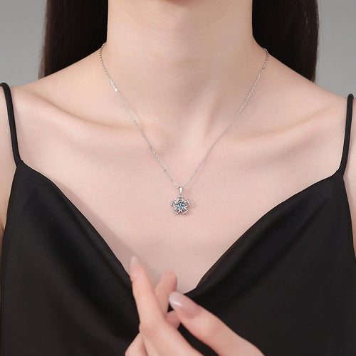 Bow Flower Moissanite Pendant Necklace in Platinum-Plated S925 Sterling Silver worn on neckline by model