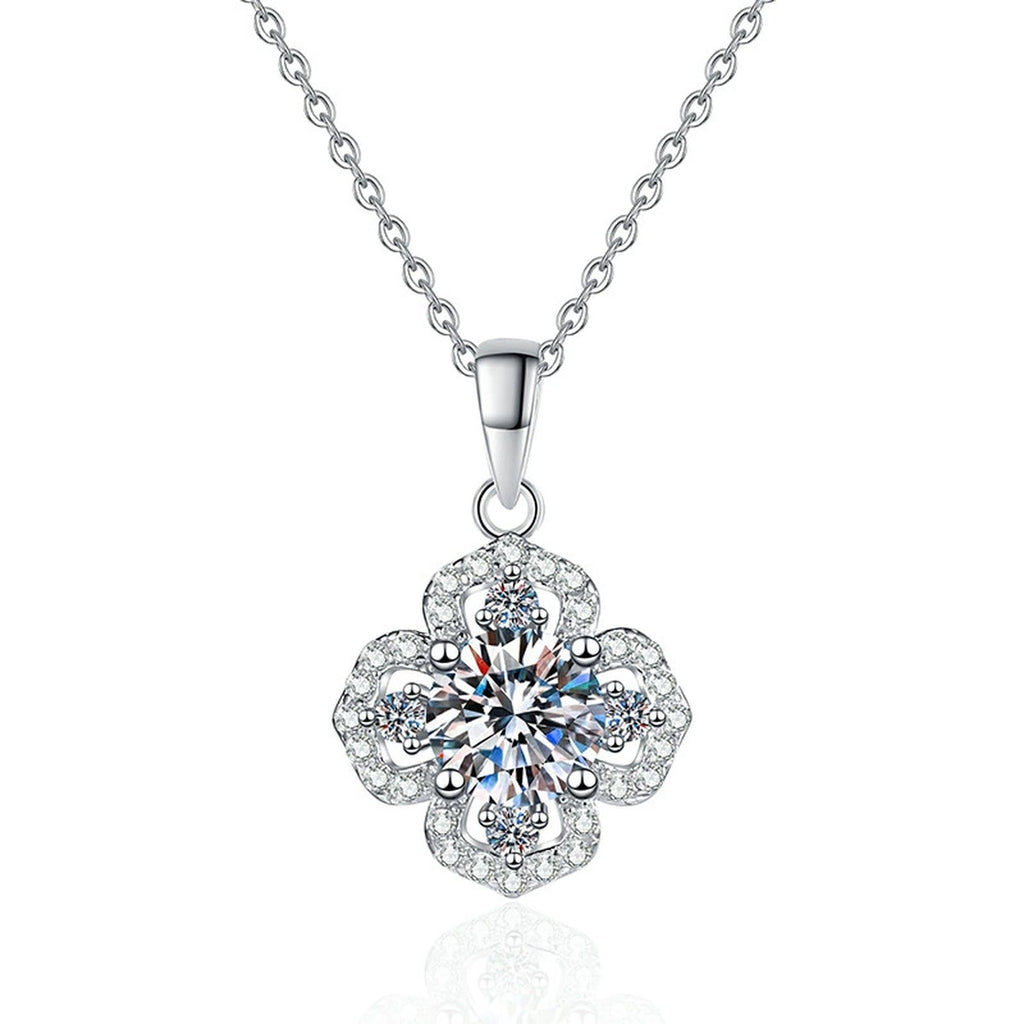Clover Halo Moissanite Pendant Necklace in Platinum-Plated S925 Sterling Silver on clean white background