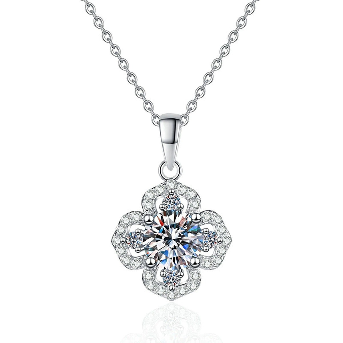 Clover Halo Moissanite Pendant Necklace in Platinum-Plated S925 Sterling Silver on clean white background