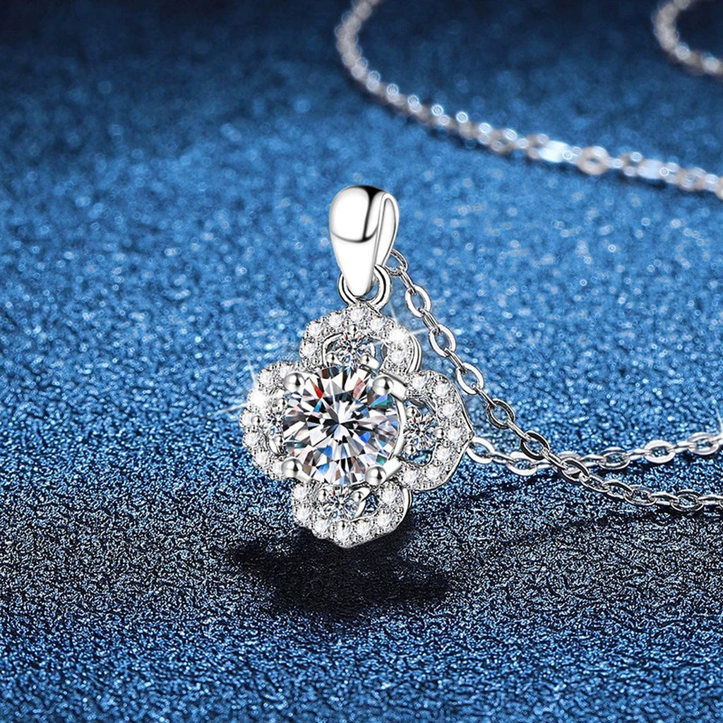 Clover Halo Moissanite Pendant Necklace in Platinum-Plated S925 Sterling Silver blue background product view