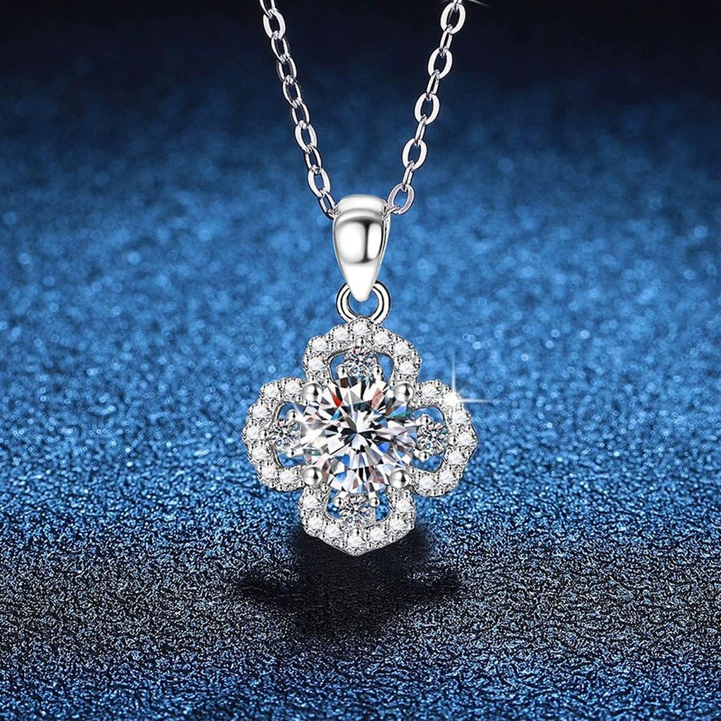 Clover Halo Moissanite Pendant Necklace in Platinum-Plated S925 Sterling Silver blue background close-up view