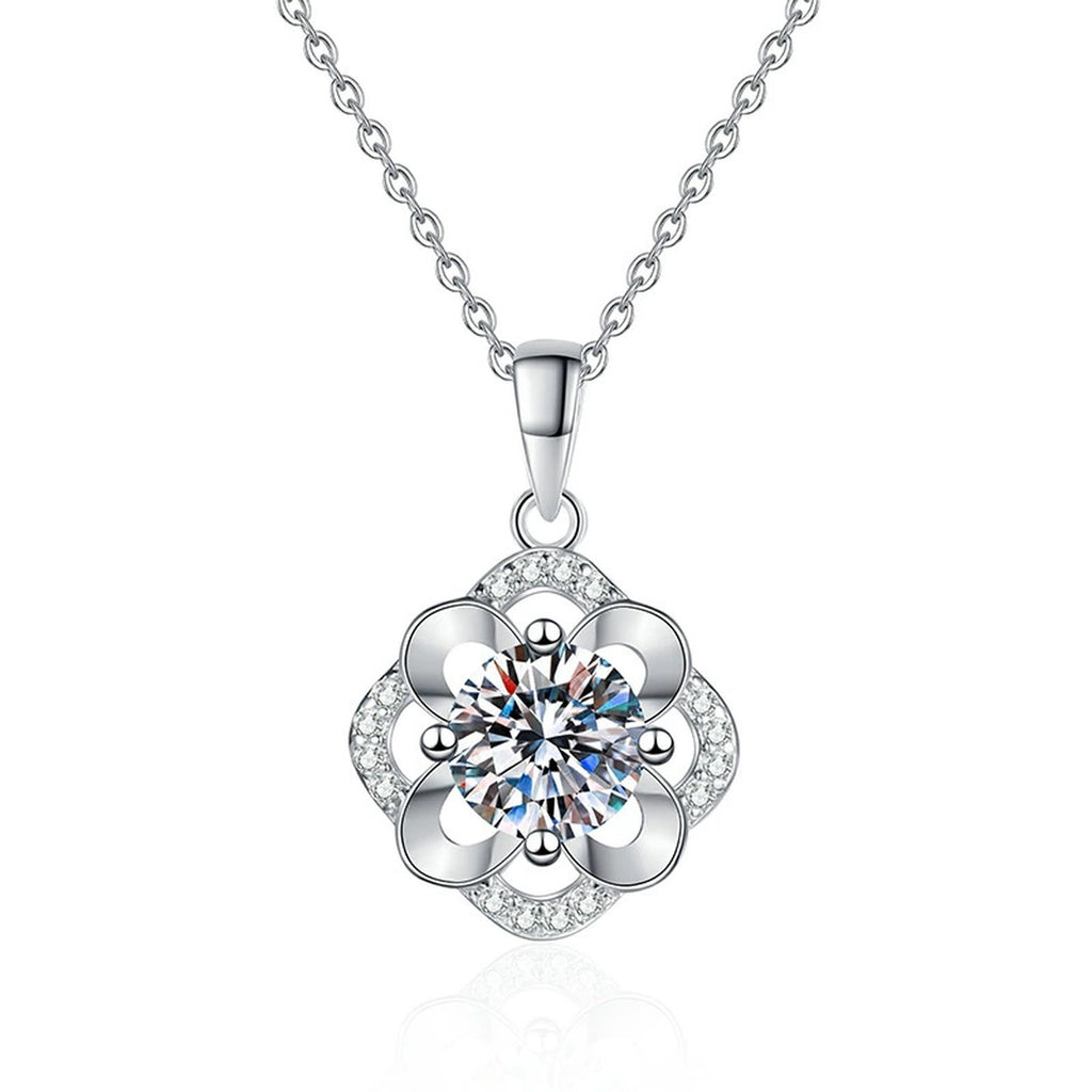 Camellia Flower Moissanite Pendant Necklace in Platinum-Plated S925 Sterling Silver on clean white background