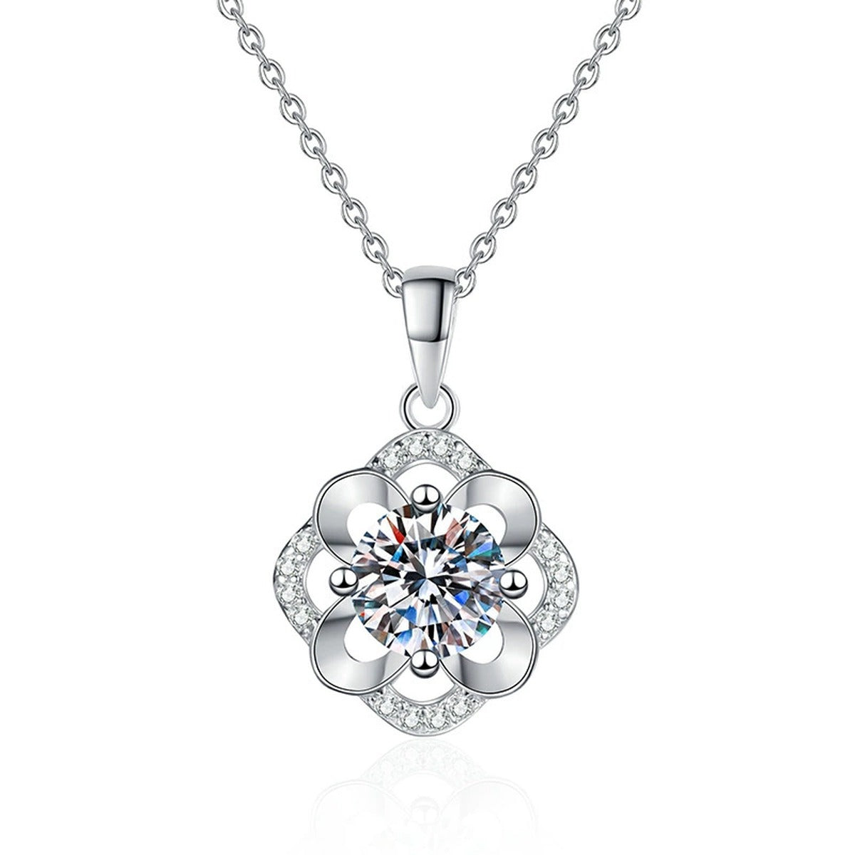 Camellia Flower Moissanite Pendant Necklace in Platinum-Plated S925 Sterling Silver on clean white background