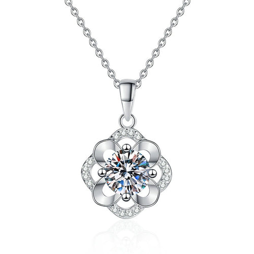 Camellia Flower Moissanite Pendant Necklace in Platinum-Plated S925 Sterling Silver on clean white background