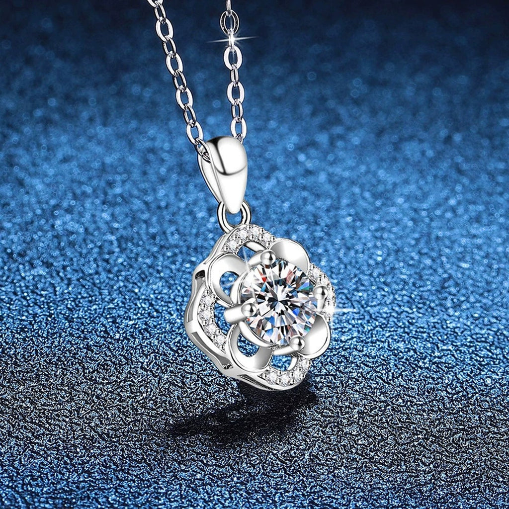 Camellia Flower Moissanite Pendant Necklace in Platinum-Plated S925 Sterling Silver blue background product view