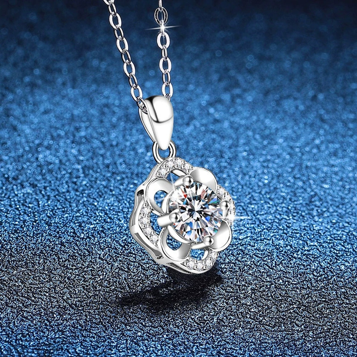 Camellia Flower Moissanite Pendant Necklace in Platinum-Plated S925 Sterling Silver blue background product view