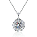 Sunburst Halo Moissanite Pendant Necklace in Platinum-Plated S925 Sterling Silver on clean white background