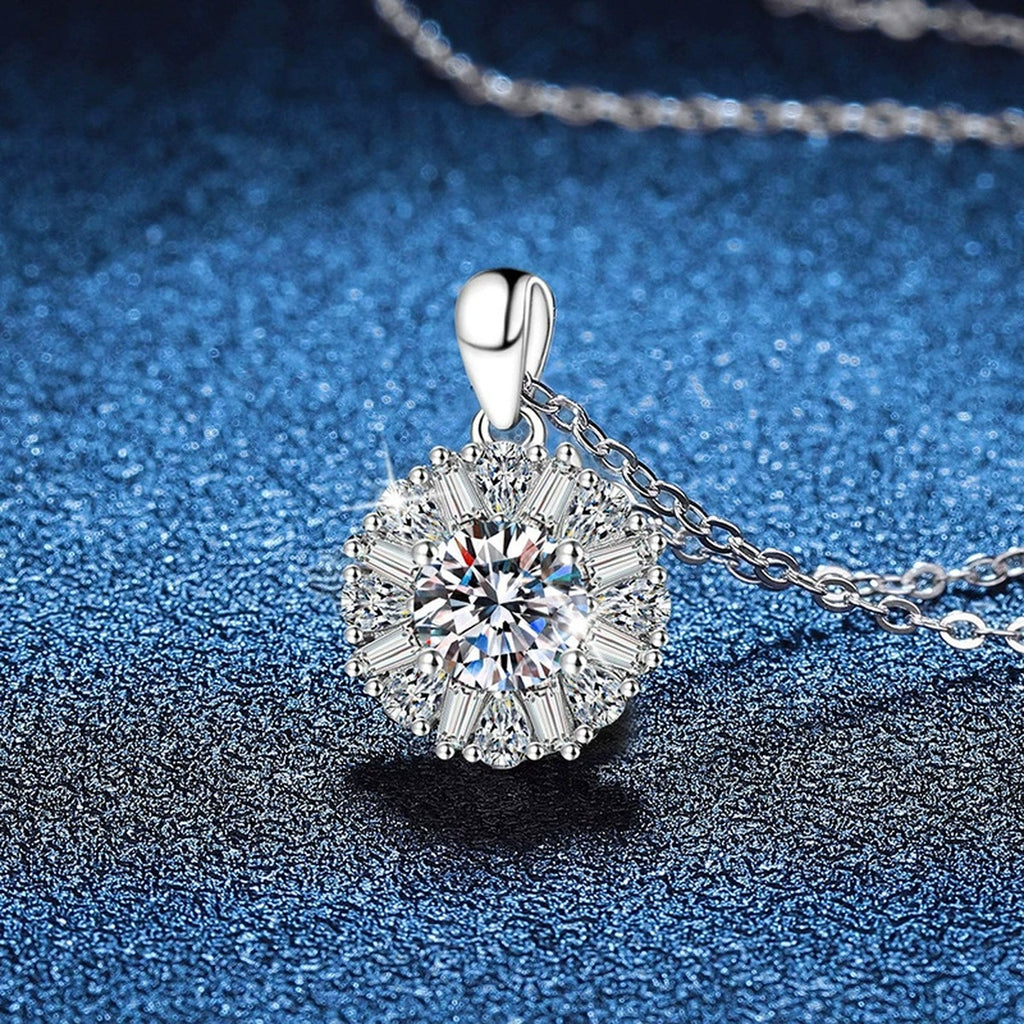 Sunburst Halo Moissanite Pendant Necklace in Platinum-Plated S925 Sterling Silver blue background product view