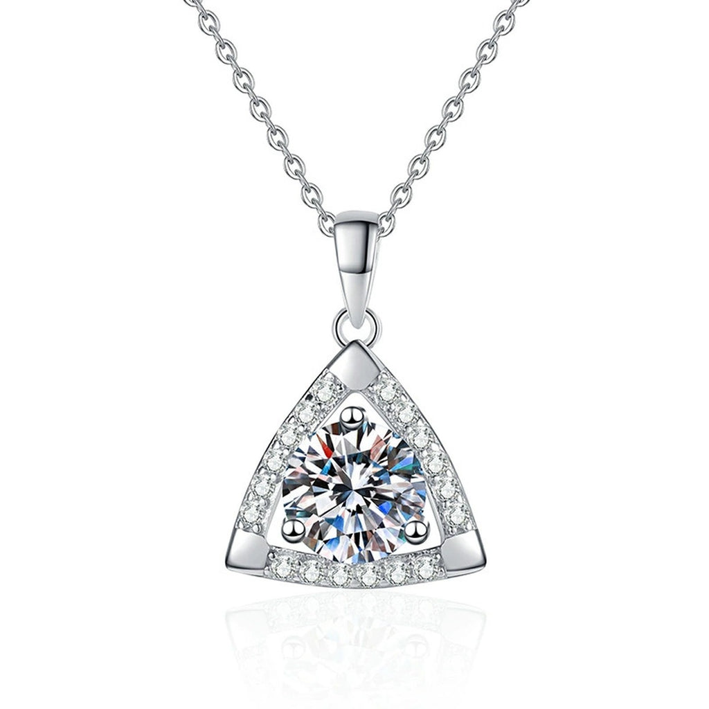 Trillion Halo Moissanite Pendant Necklace in Platinum-Plated S925 Sterling Silver on clean white background